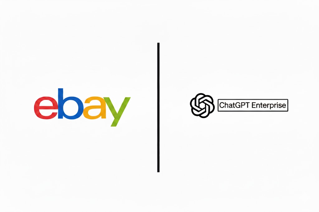 eBay and OpenAI ChatGPT Enterprise logos side by side announcing partnership to provide AI tools to small sellers