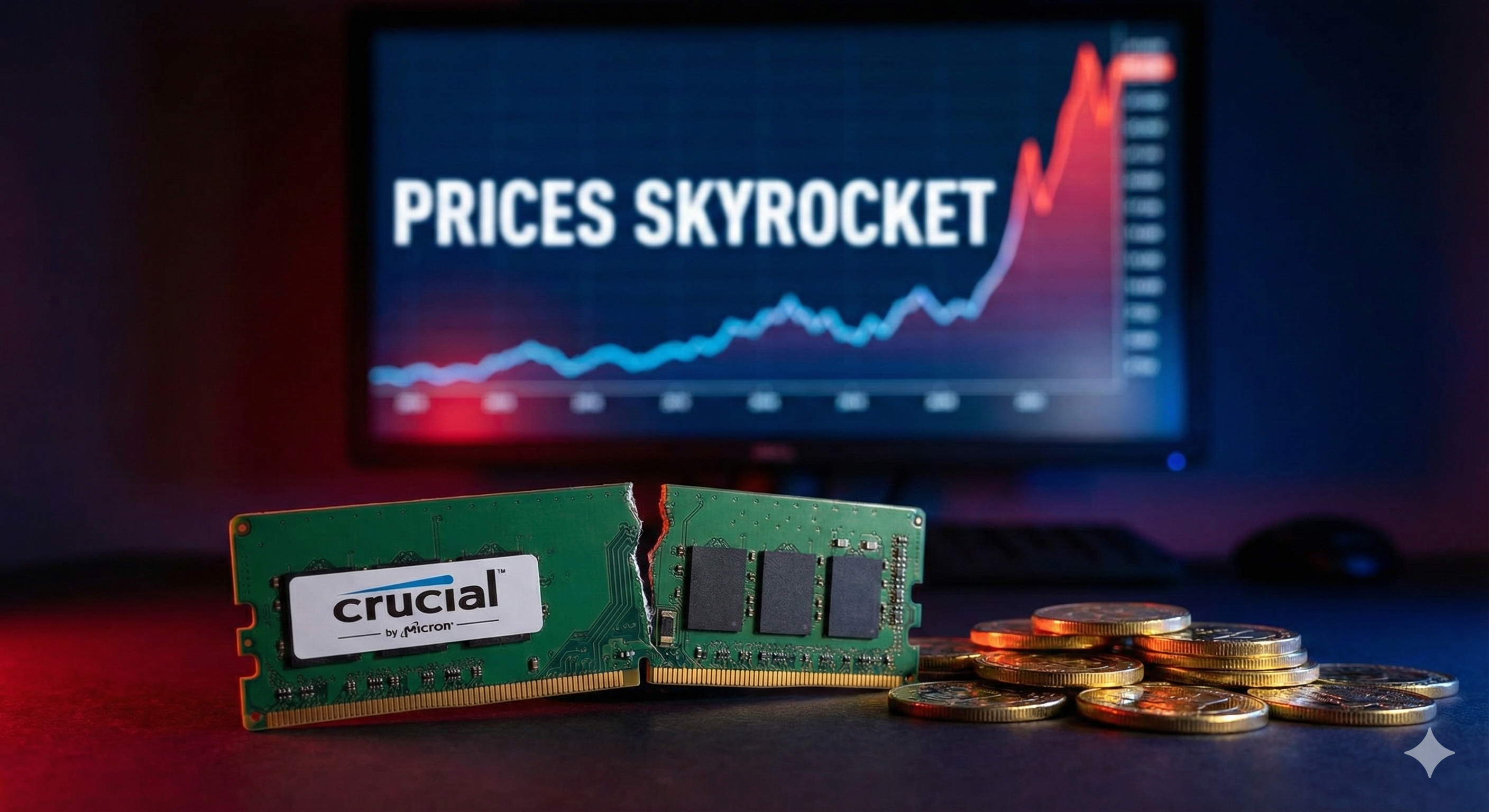 Broken Crucial memory module with coins in front of screen showing prices skyrocketing